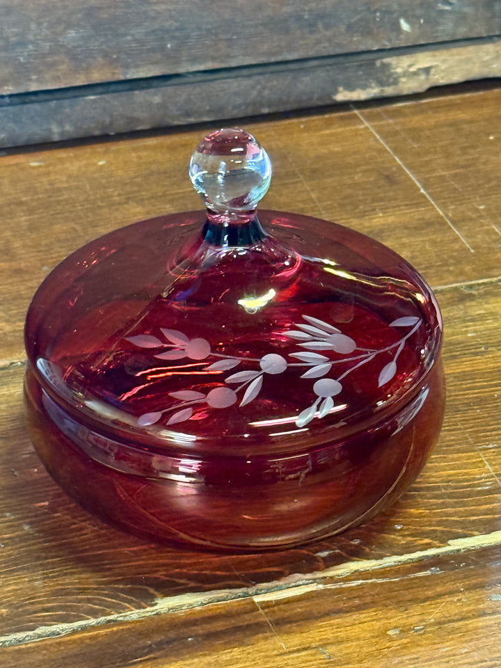 Etched Ruby Red Covered Bowl