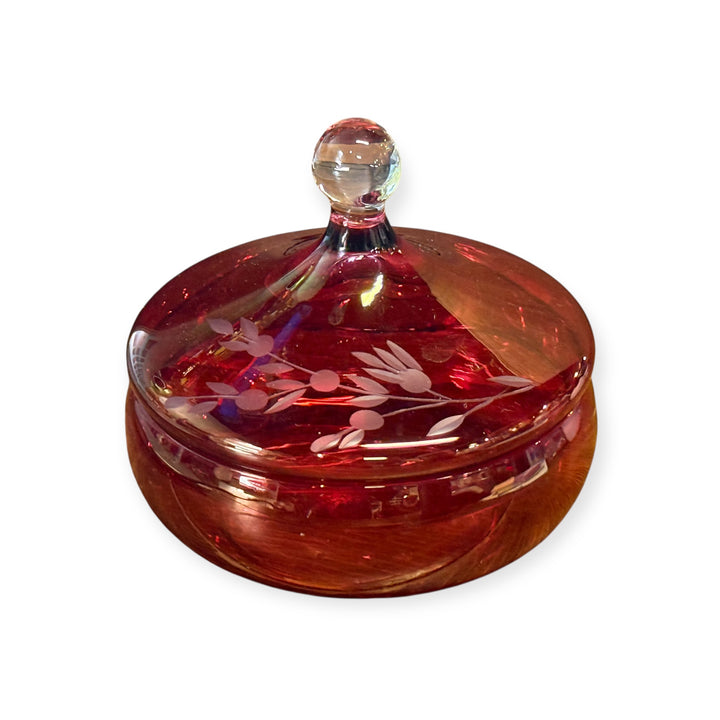 Etched Ruby Red Covered Bowl