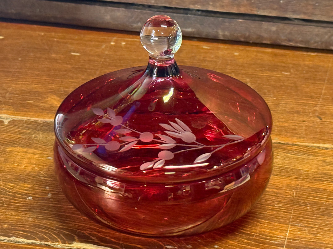 Etched Ruby Red Covered Bowl