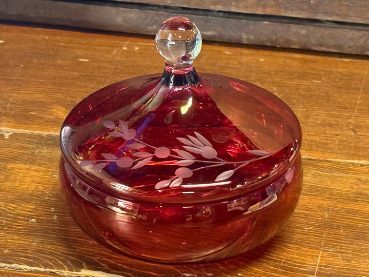 Etched Ruby Red Covered Bowl