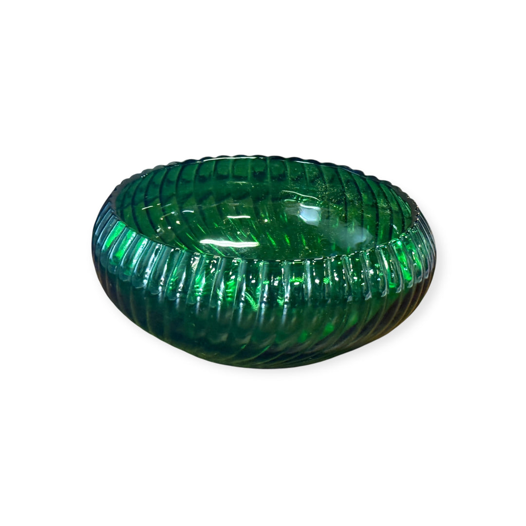 Vintage Anchor Hocking Forest Green Swirl Ribbed Glass Bowl
