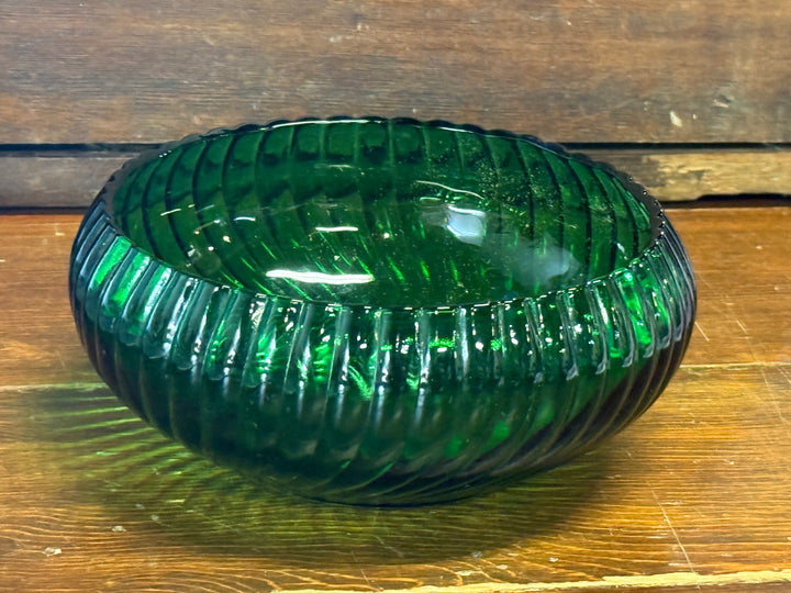 Vintage Anchor Hocking Forest Green Swirl Ribbed Glass Bowl