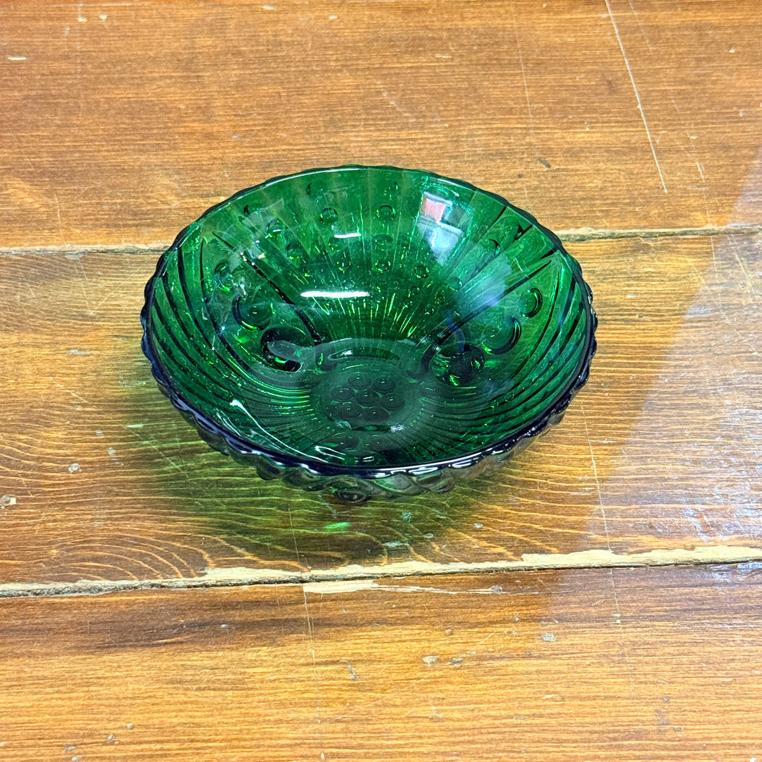 Anchor Hocking Bubble Dot Emerald Green Glass Footed Dish Bowl