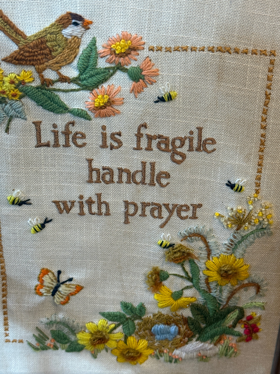 Vintage Crewel Finished Embroidery Creative Circle 1004 Life Is Fragile Framed