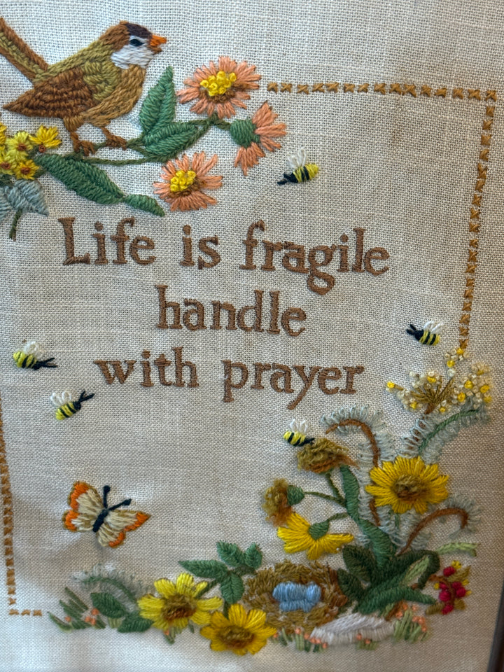 Vintage Crewel Finished Embroidery Creative Circle 1004 Life Is Fragile Framed
