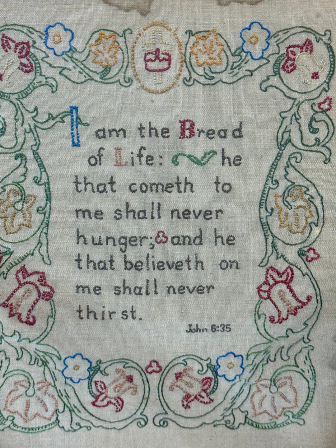 Vintage Framed Cross Stitch "I am the Bread of Life"