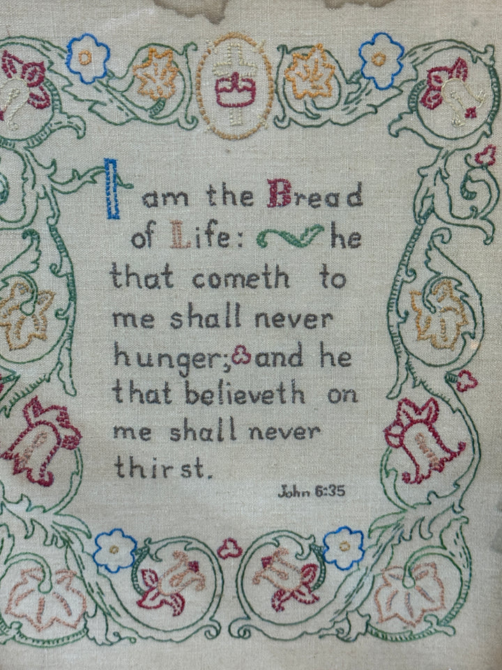 Vintage Framed Cross Stitch "I am the Bread of Life"
