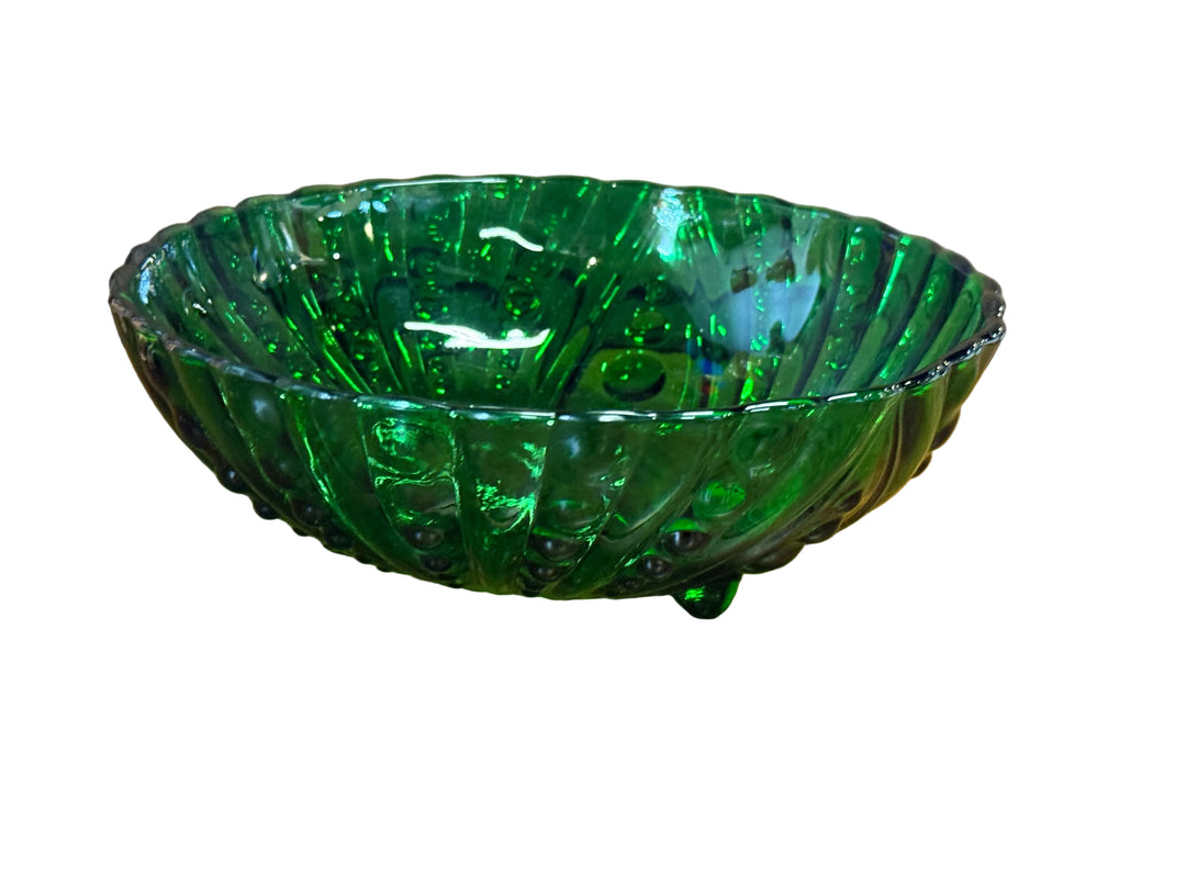 Anchor Hocking Bubble Dot Emerald Green Glass Footed Dish Bowl