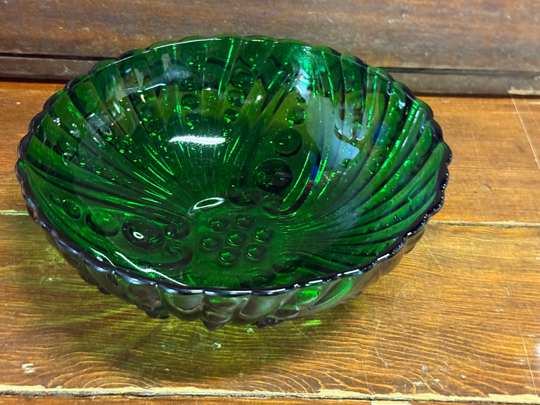 Anchor Hocking Bubble Dot Emerald Green Glass Footed Dish Bowl