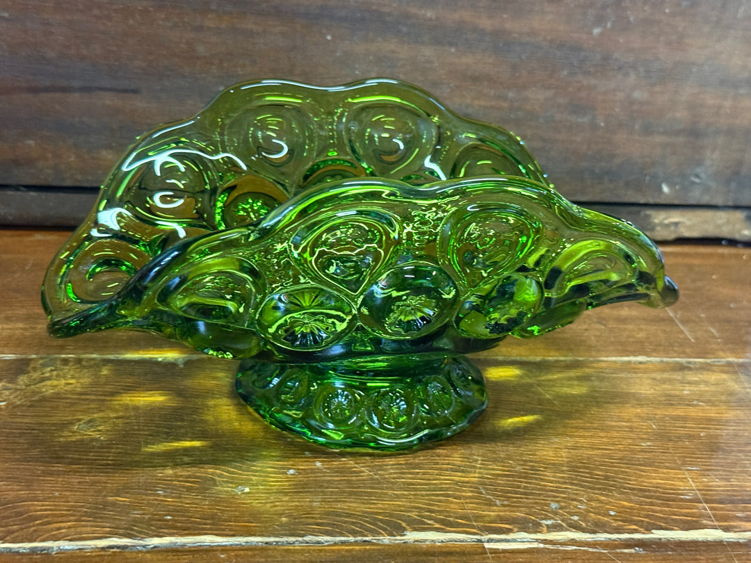 L.E. Smith Moon &amp; Stars Glass Company Emerald Green Footed Banana Bowl