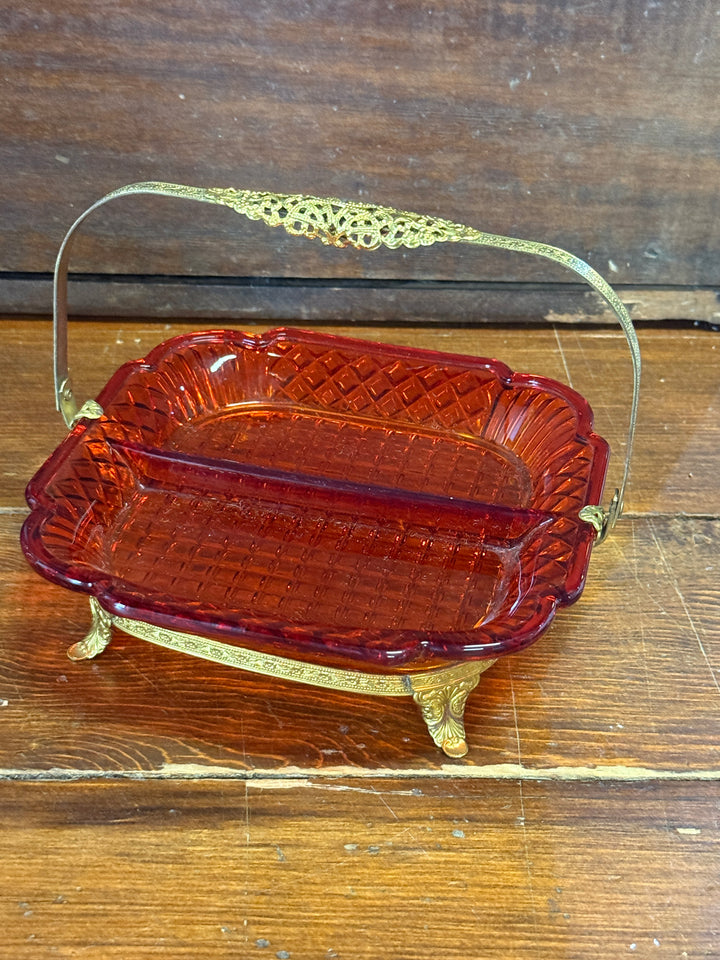 Small Divided Orange Art Deco Candy Dish