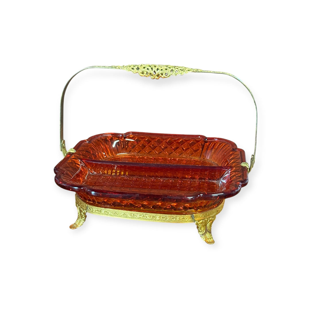 Small Divided Orange Art Deco Candy Dish