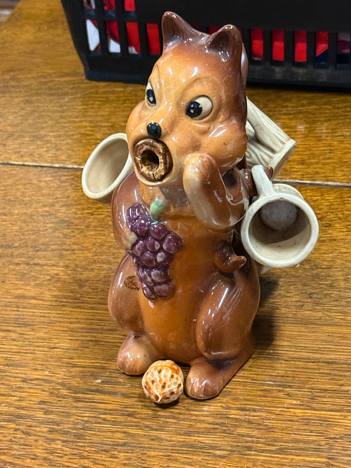 Vintage 1950s Ceramic Squirrel Decanter with Small Woodland Mugs