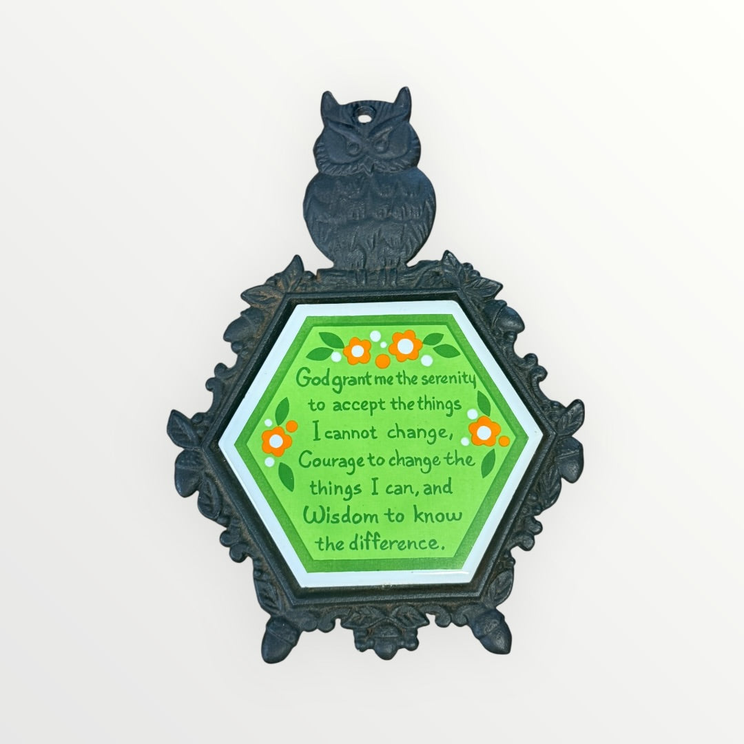 VTG Trivet Owl Cast Iron Ceramic Tile Serenity Prayer