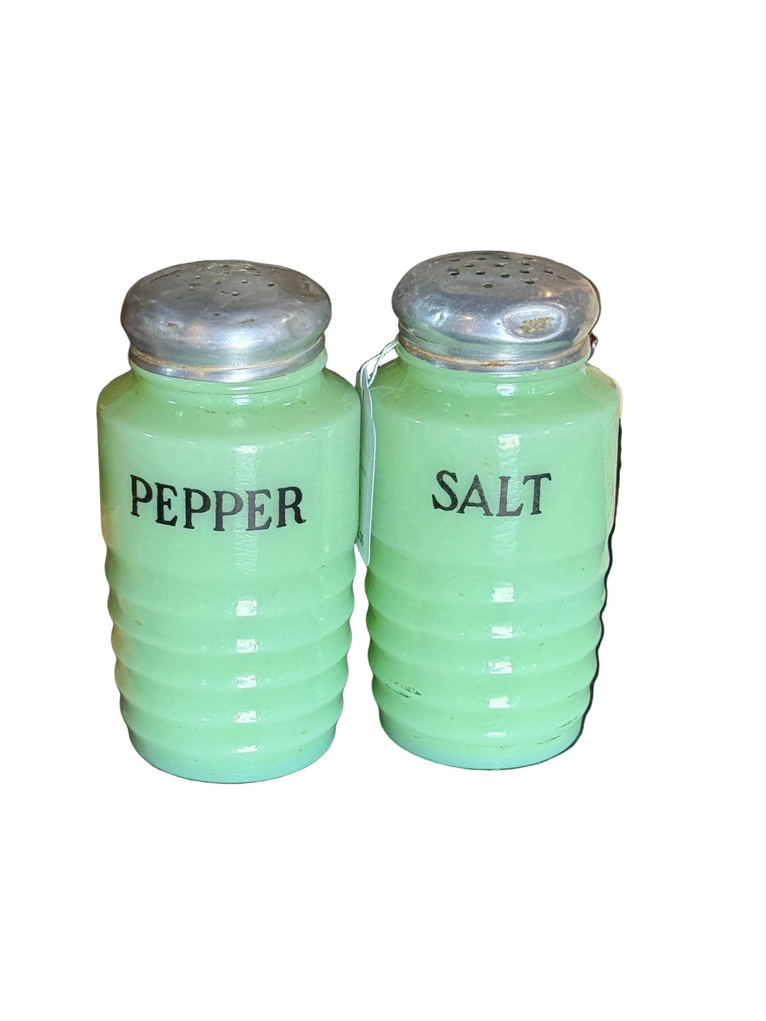 Jadeite Beehive Ribbed Glass Salt &amp; Pepper Shakers Uranium Depression