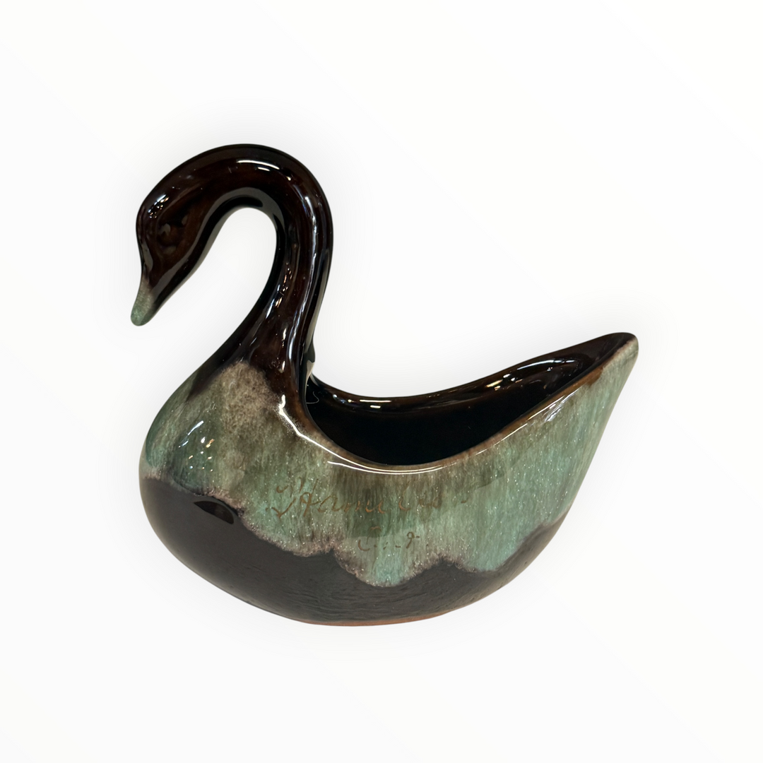 Small Vintage Swan Planter, Dark Brown with Green Drip Glaze