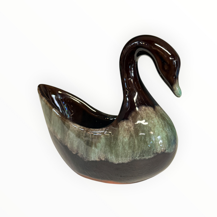 Small Vintage Swan Planter, Dark Brown with Green Drip Glaze