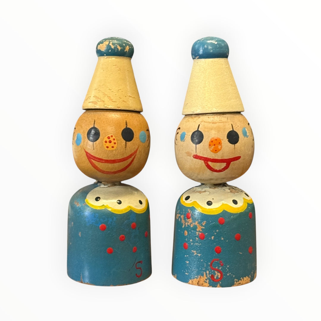 Vintage Mid Century Modern Kitsch Timber Clown Salt And Pepper Shakers