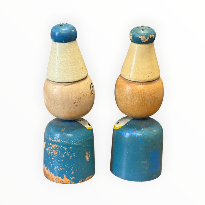 Vintage Mid Century Modern Kitsch Timber Clown Salt And Pepper Shakers