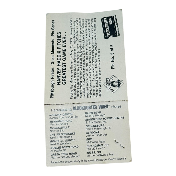 Pittsburgh Pirates Giveaway Blockbuster Harvey Haddix Pin