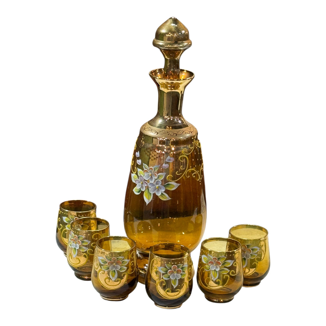 Vintage Bohemian Amber Glass Decanter Set with Gold Overlay and Hand Painted Flowers (Copy)