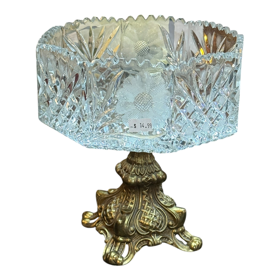 Vintage Antique Hollywood Regency Leaded Crystal / Metal Candy Dish