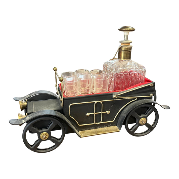 Vintage Musical Metal Convertible Car Decanter 4 Shot Glasses