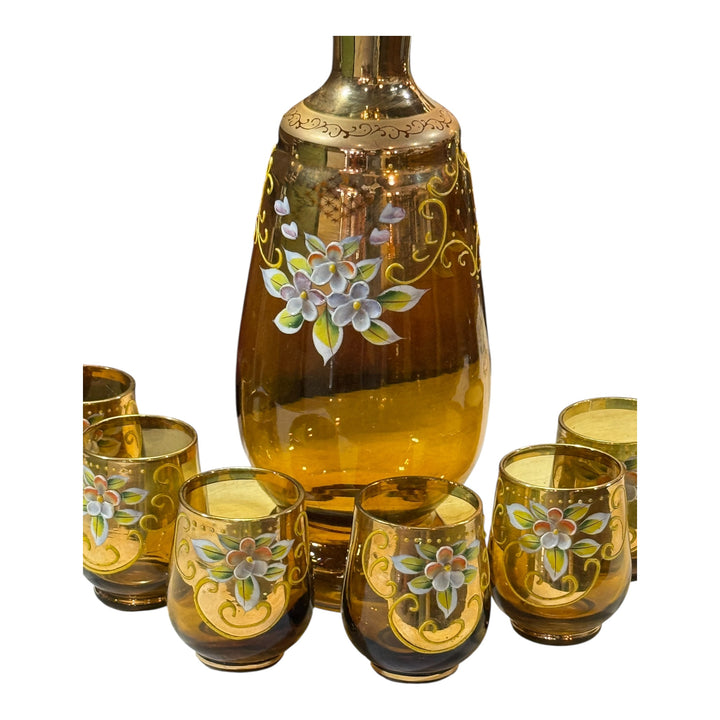 Vintage Bohemian Amber Glass Decanter Set with Gold Overlay and Hand Painted Flowers (Copy)