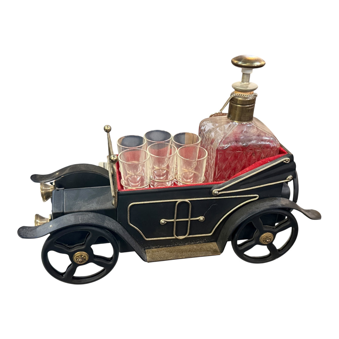 Vintage Musical Metal Convertible Car Decanter 4 Shot Glasses