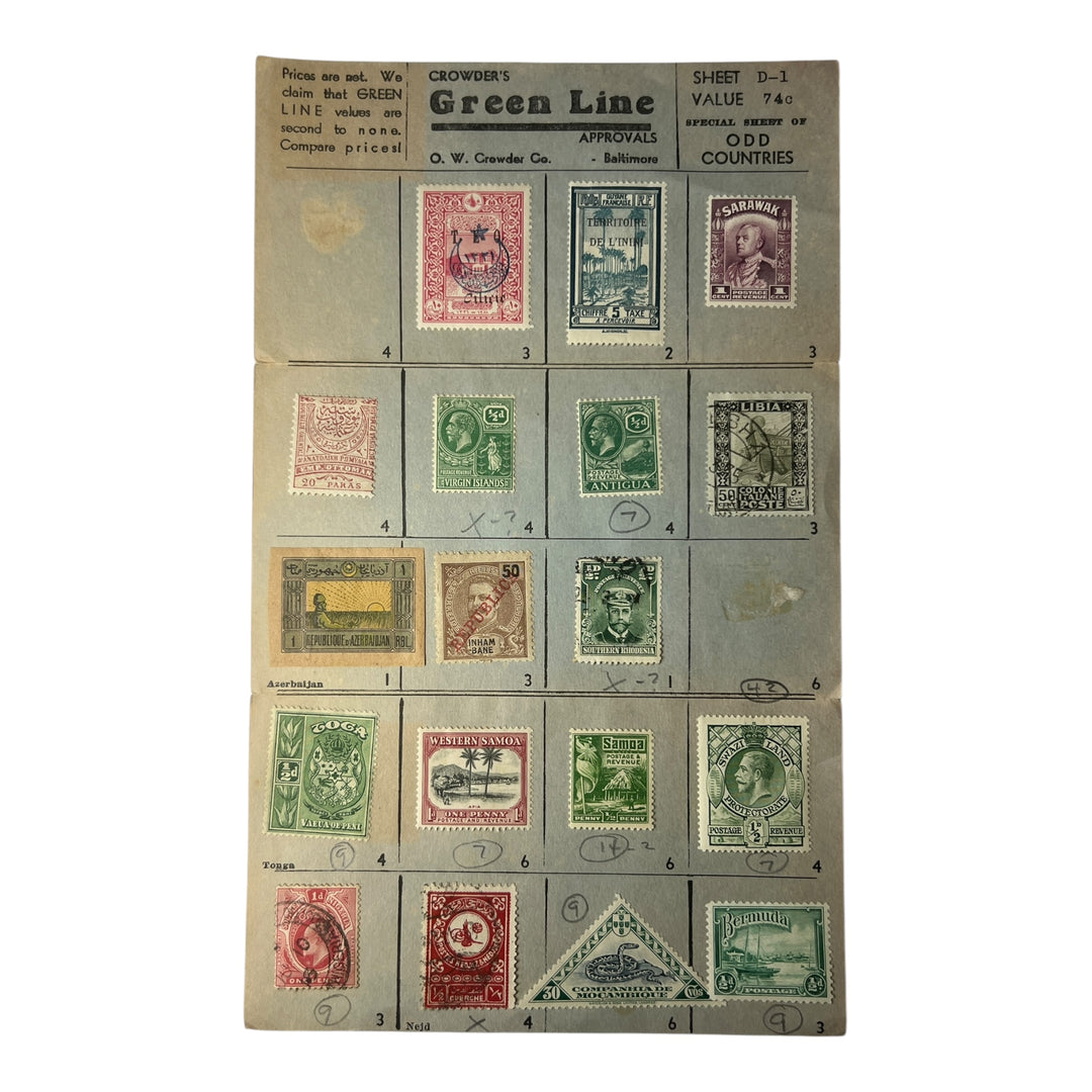 Stamps - Crowder's Green Line Sheet D-1 Partial Page