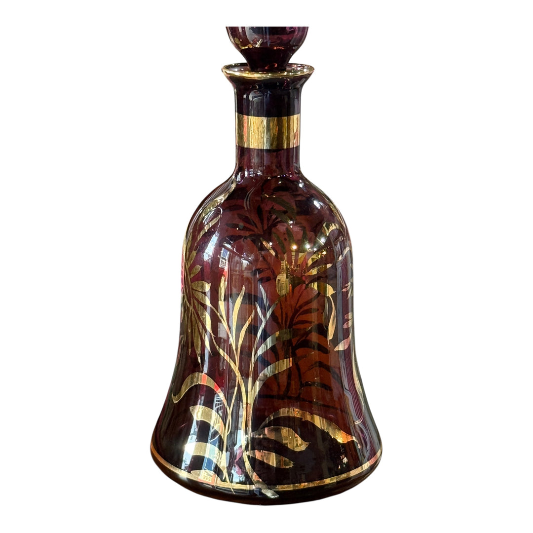 Italian Amethyst Purple Vintage Glass Decanter Bottle w/ Gold Trim & Stopper