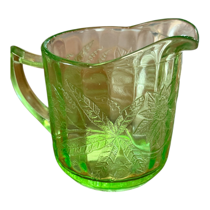 Vintage Jeanette Glass Floral Poinsetta Green Depression Small Pitcher