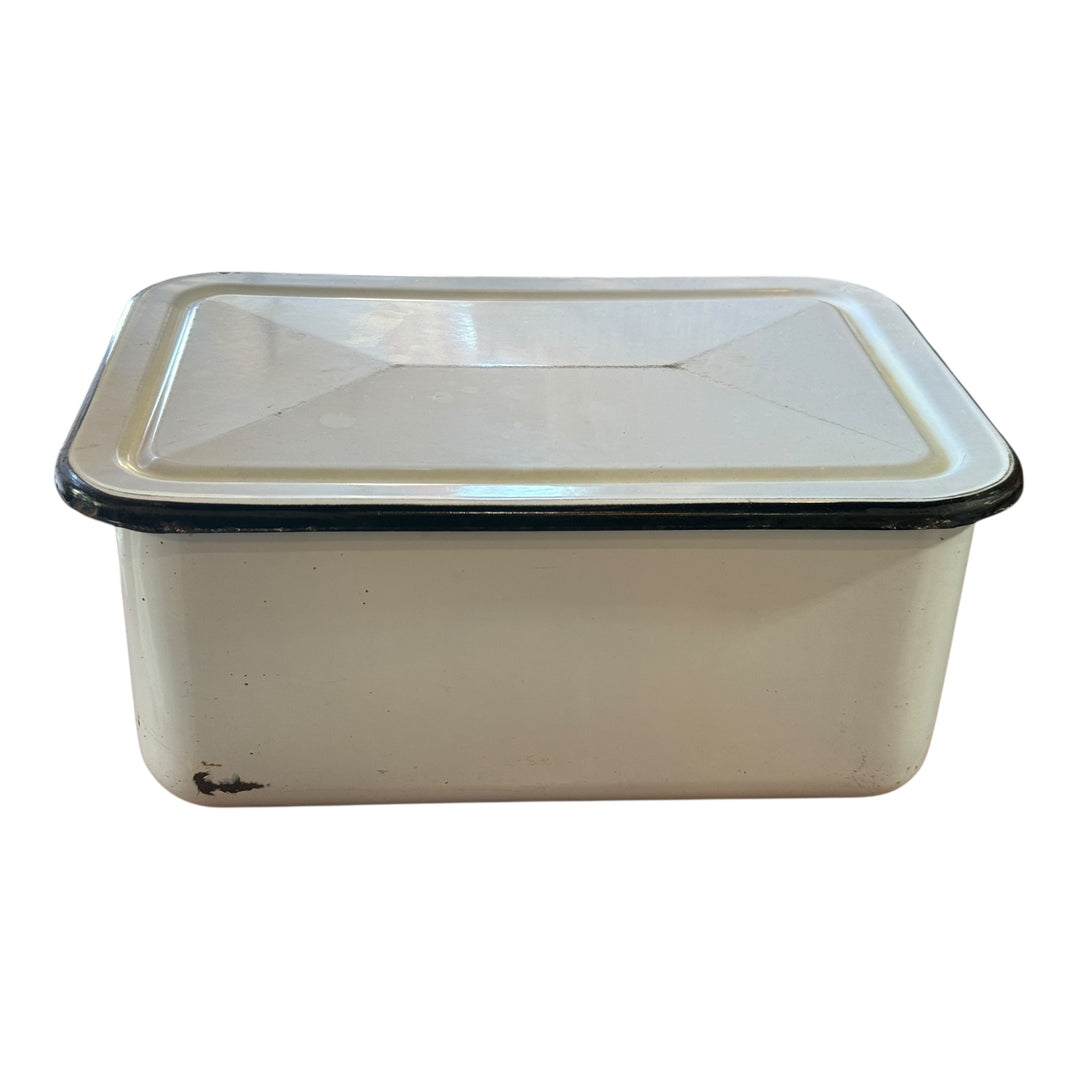 Vintage White Enamel Rectangular Storage Box With Lid