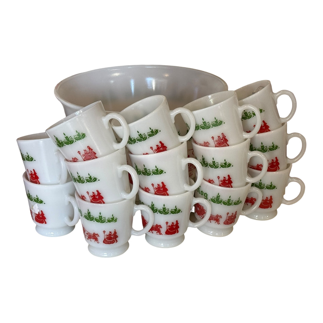 Vintage Hazel Atlas Egg Nog Set Milk Glass Carriage Punch Bowl