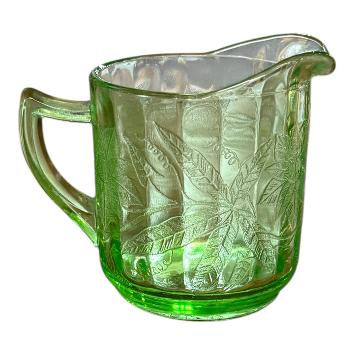 Vintage Jeanette Glass Floral Poinsetta Green Depression Small Pitcher