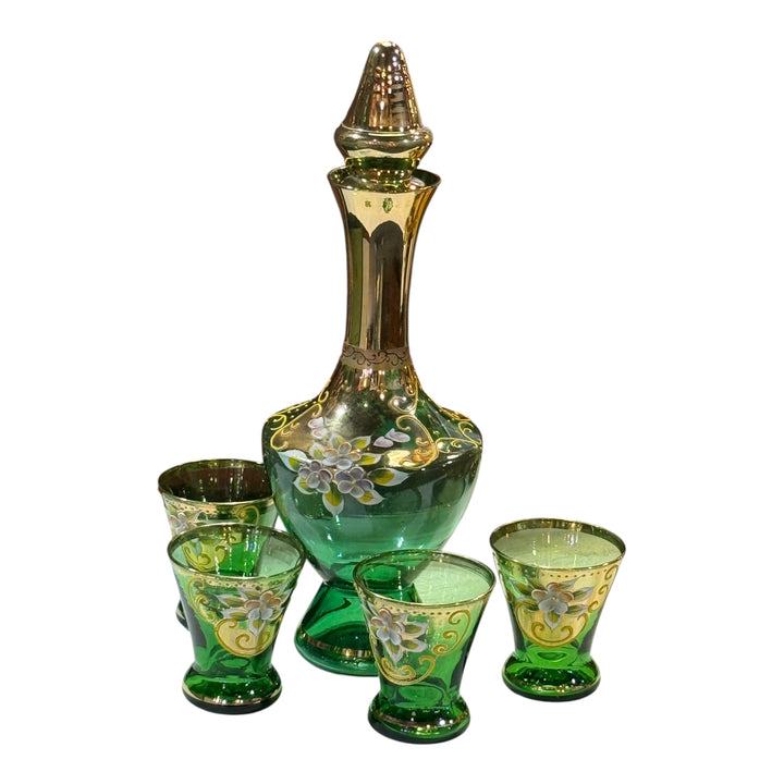 Bohemian Czech Decanter And 6 Glasses Set Emerald Green Hand Painted White And Pink Flowers