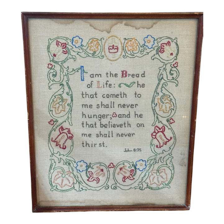 Vintage Framed Cross Stitch "I am the Bread of Life"