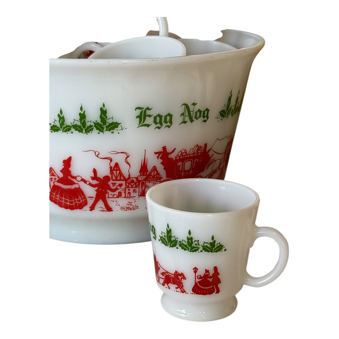 Vintage Hazel Atlas Egg Nog Set Milk Glass Carriage Punch Bowl