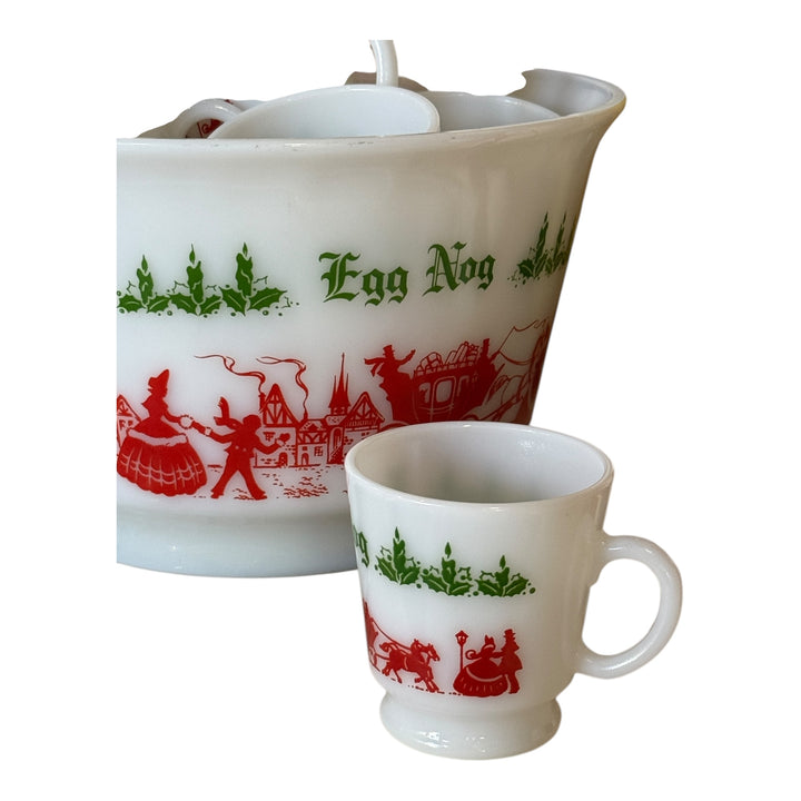 Vintage Hazel Atlas Egg Nog Set Milk Glass Carriage Punch Bowl