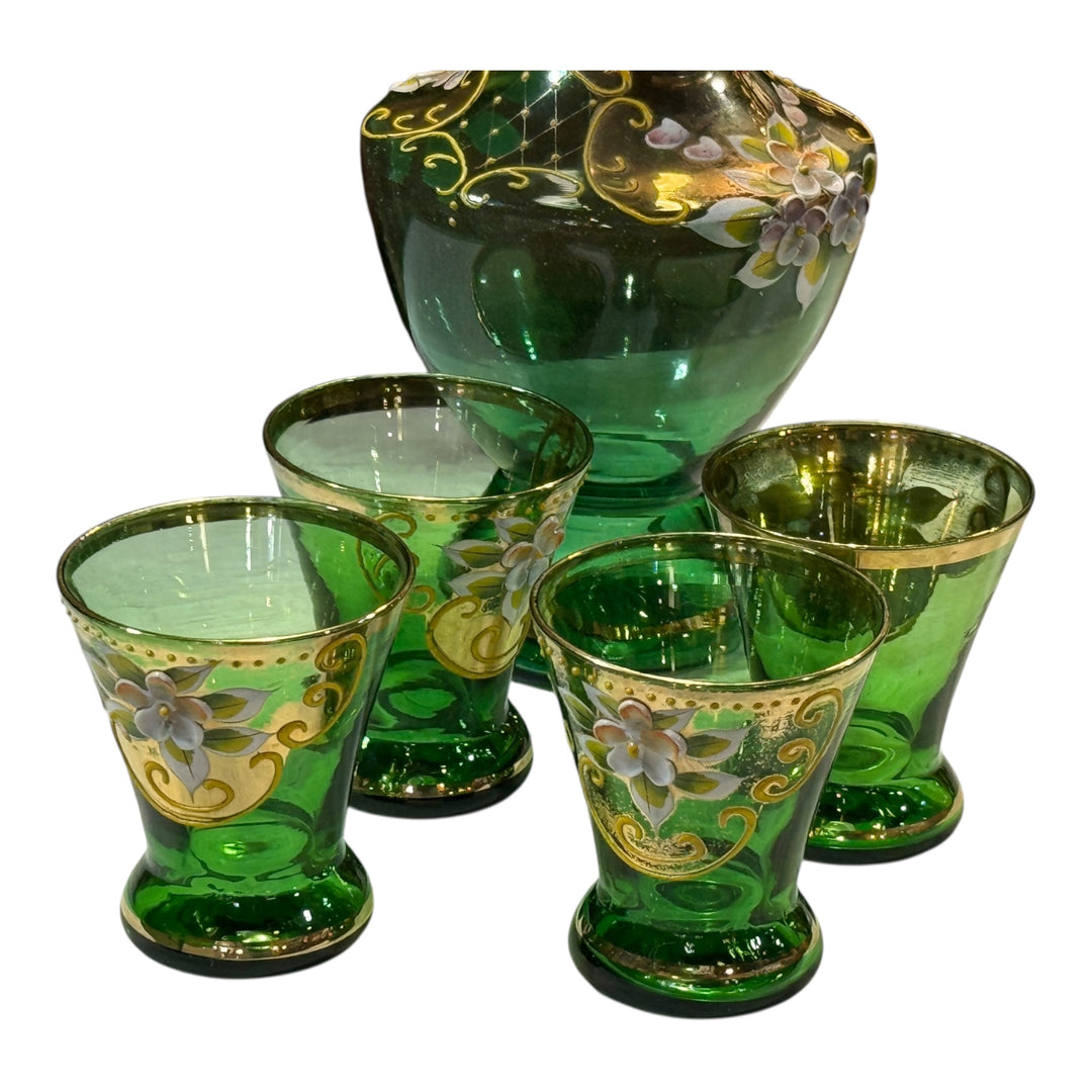 Bohemian Czech Decanter And 6 Glasses Set Emerald Green Hand Painted White And Pink Flowers