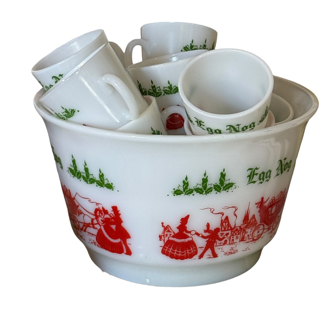 Vintage Hazel Atlas Egg Nog Set Milk Glass Carriage Punch Bowl