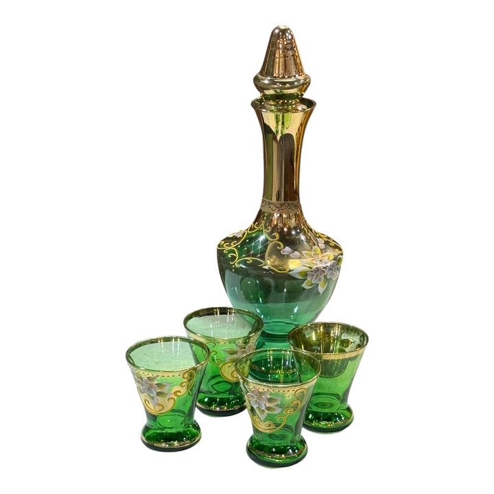 Bohemian Czech Decanter And 6 Glasses Set Emerald Green Hand Painted White And Pink Flowers