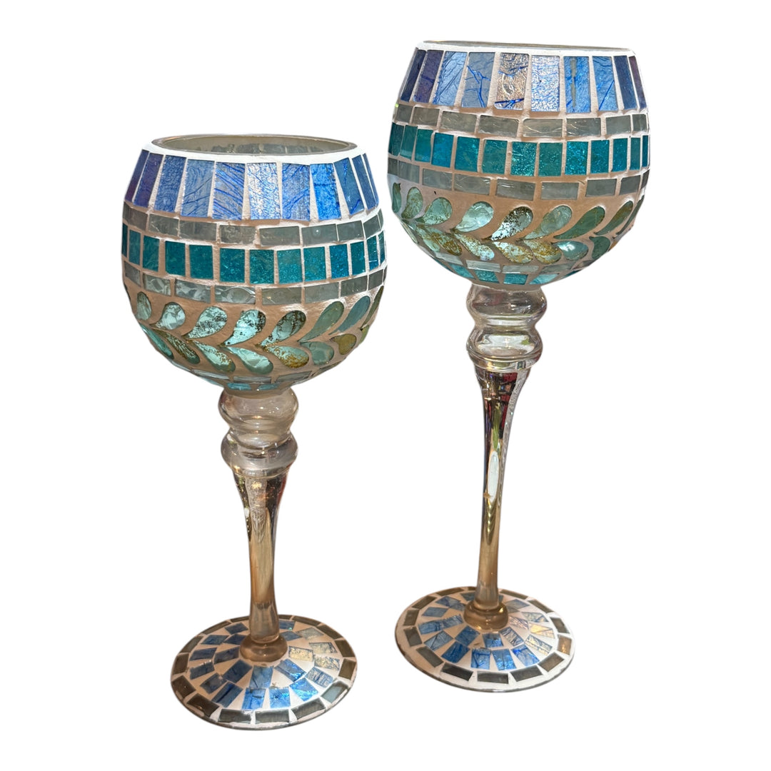 Handcrafted Mosaic Glass Hurricane Pair