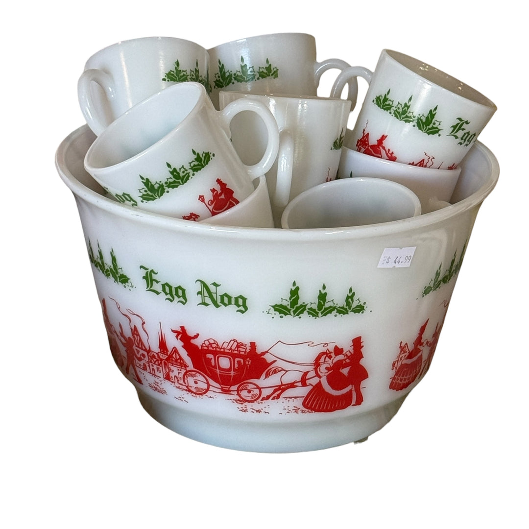 Vintage Hazel Atlas Egg Nog Set Milk Glass Carriage Punch Bowl