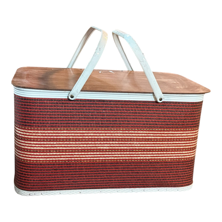 Vintage 1970's Redmon Red Striped Picnic Basket Swing Handles