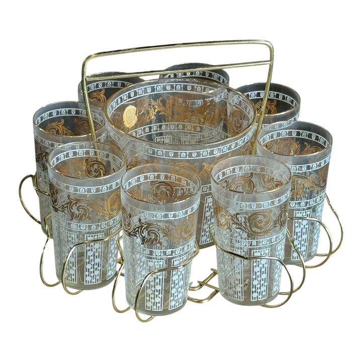 Hollywood Regency Gold Scroll White Trellis Dots Highball Glass Ice Bucket Caddy