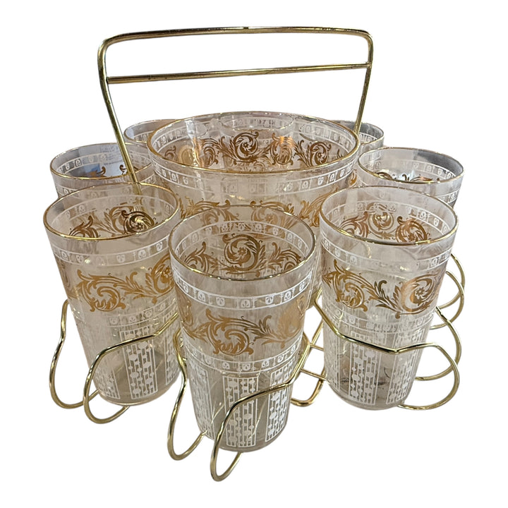 Hollywood Regency Gold Scroll White Trellis Dots Highball Glass Ice Bucket Caddy