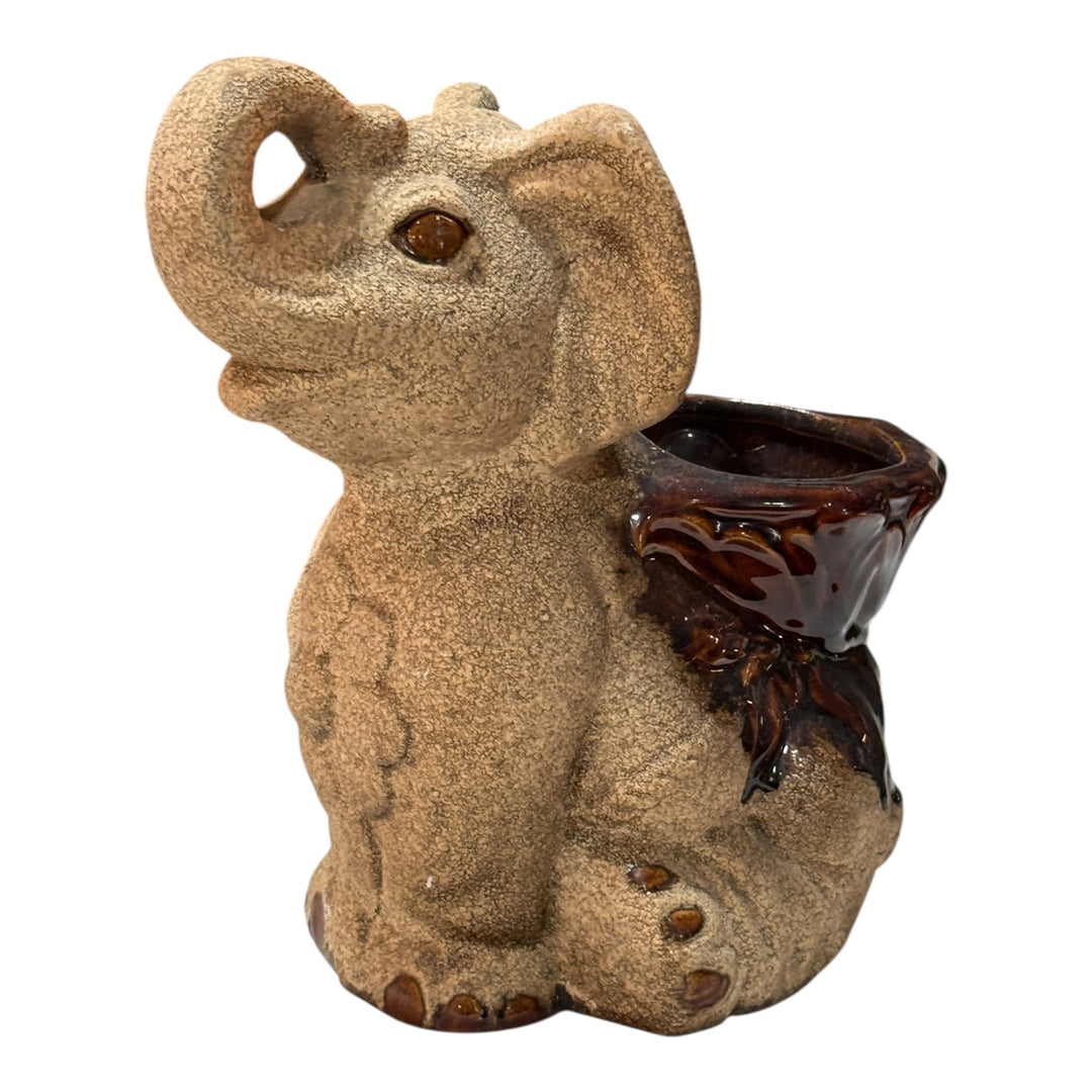 Royal Haeger Pottery Lucky Baby Elephant Planter Sand & Brown Glaze 9"
