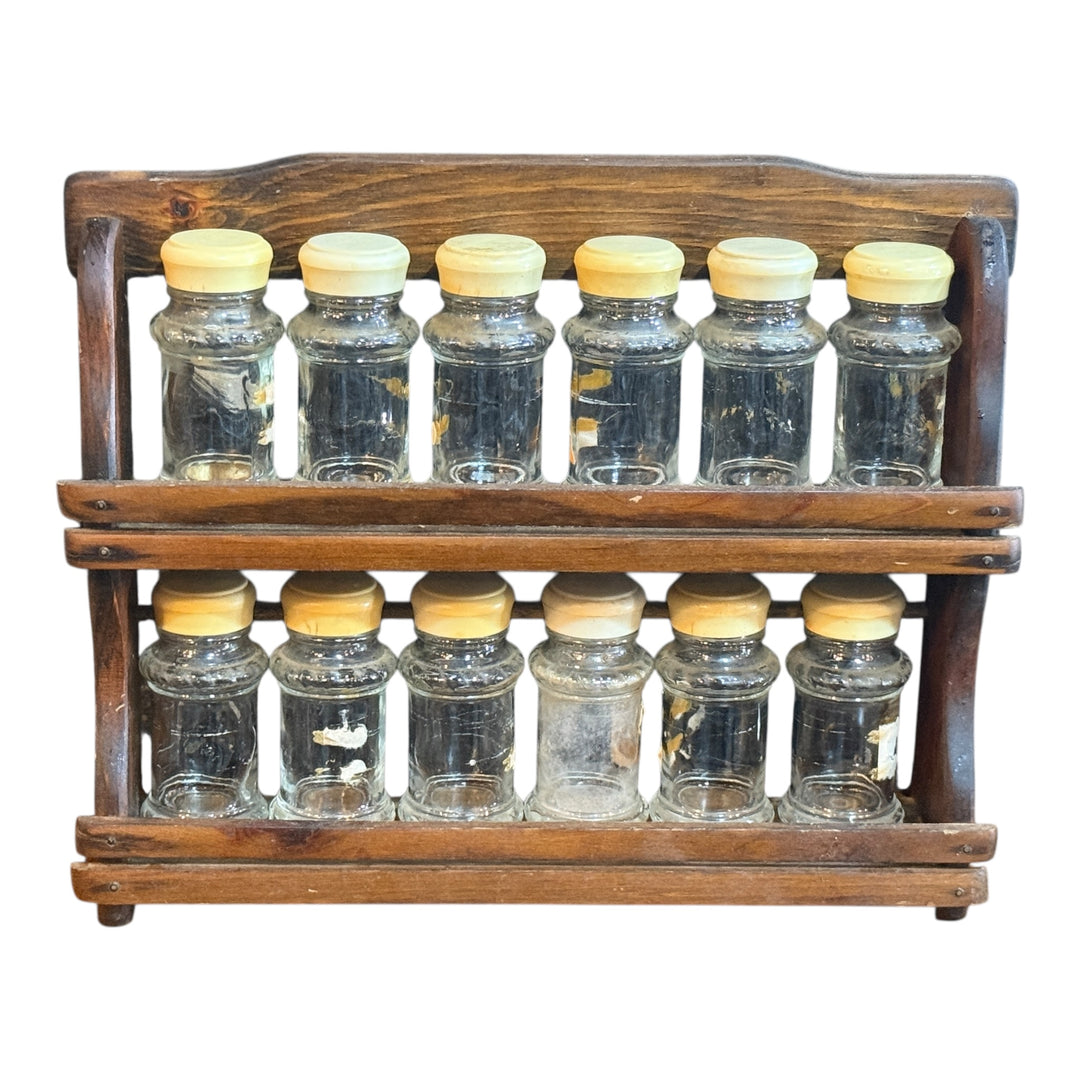 Vintage Wood 2 Tier Wall Spice Rack w/ 12 Glass Shaker Jars Kamco