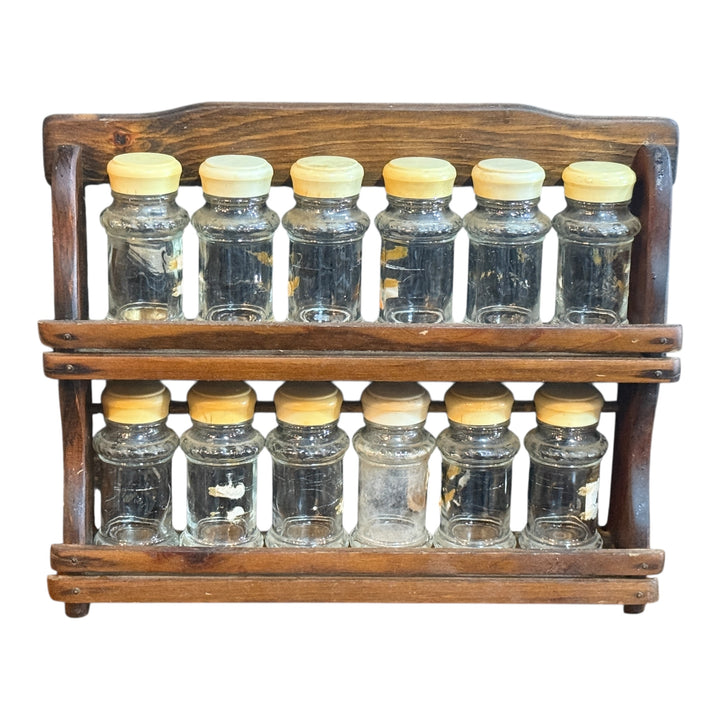 Vintage Wood 2 Tier Wall Spice Rack w/ 12 Glass Shaker Jars Kamco
